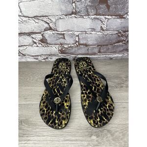 Tory Burch Animal Leopard Cheetah Print Black FlipFlops Sandals Women 9M US/40EU